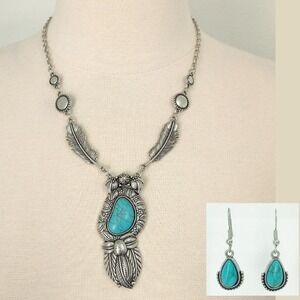 Navaho Feather Turquoise Silver Statement Pendant Necklace & Dangle Earring Set